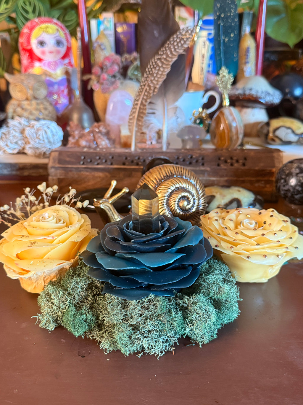 Citrine Beeswax Rose Crystal Holder in Seafoam Green