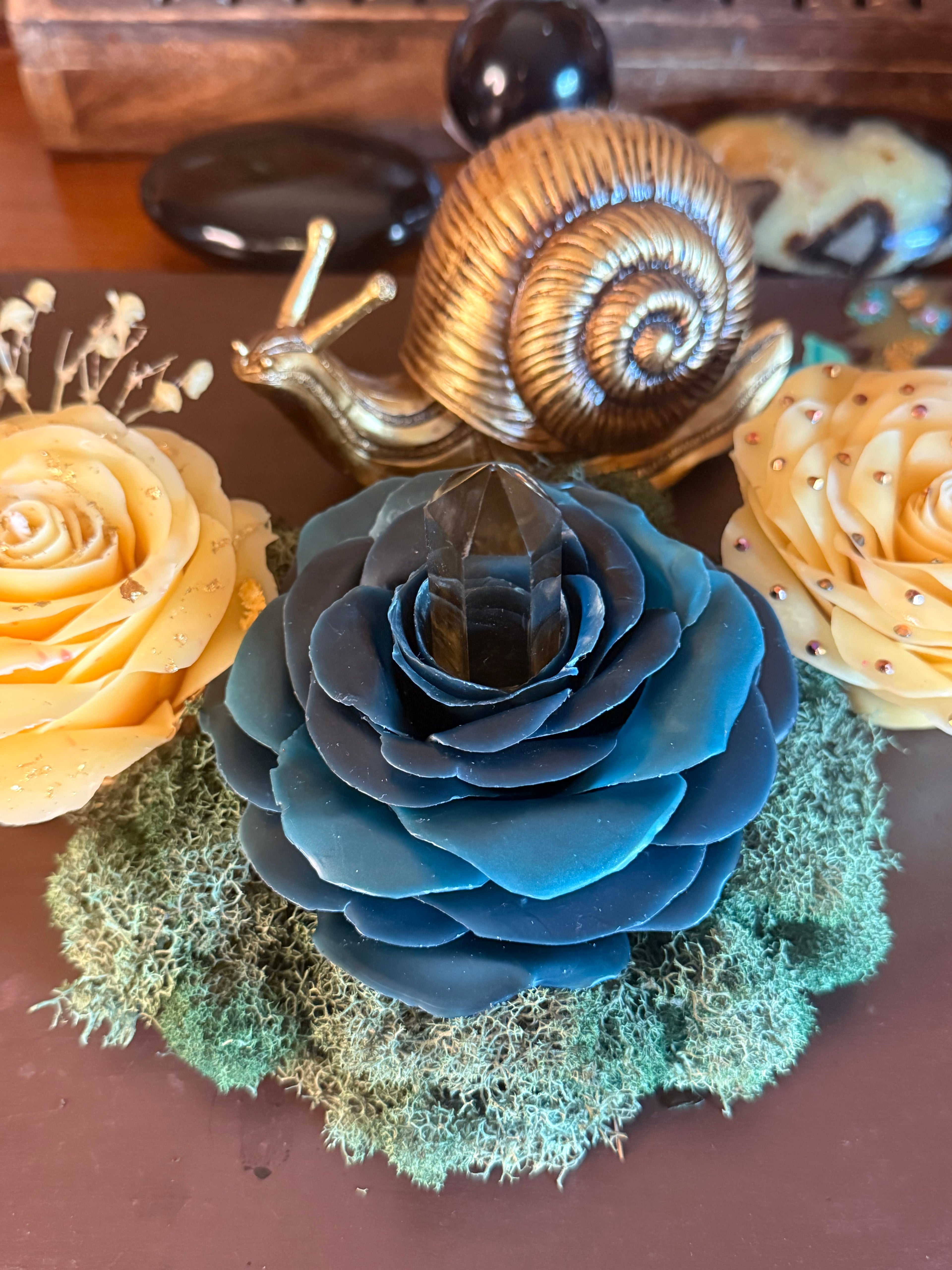 Citrine Beeswax Rose Crystal Holder in Seafoam Green